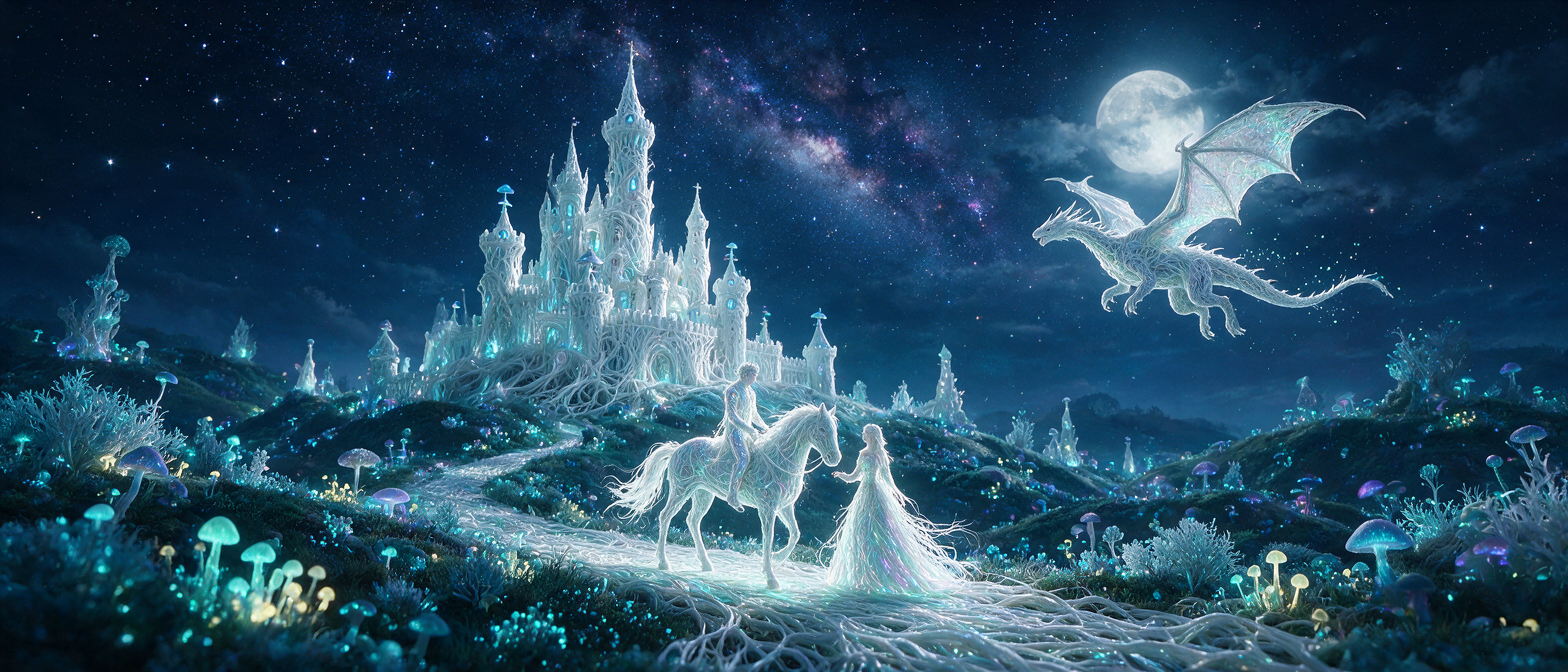 [Ethereal fantasy night: glowing ice crystal castle, spirit royal couple, flying white dragon, bioluminescent mushrooms un...