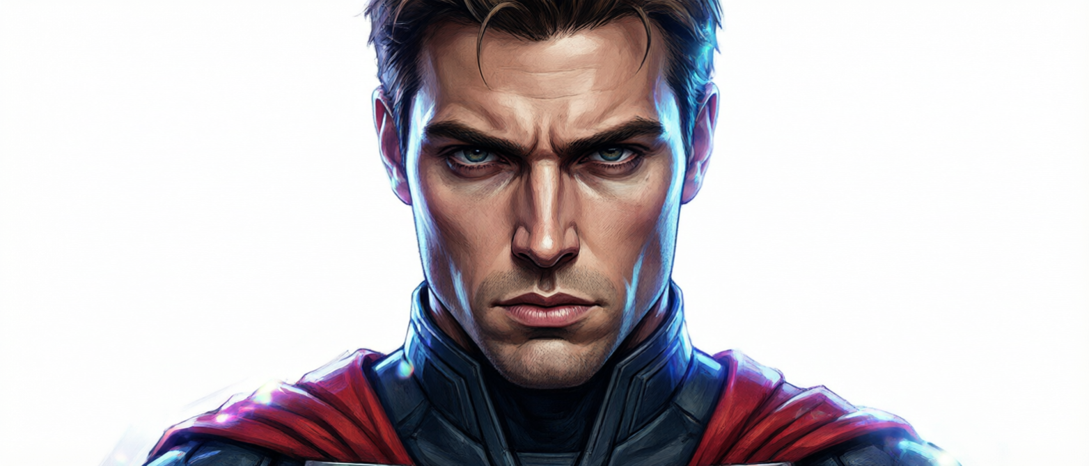 Close-up portrait of a stoic male superhero in a dark armored suit with red cape, staring intensely against a plain white ...