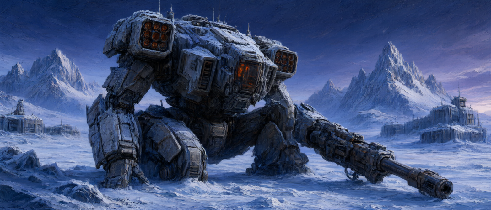 Giant snow-covered military combat mech armed with a cannon rests on a frozen arctic tundra beneath a twilight purple sky