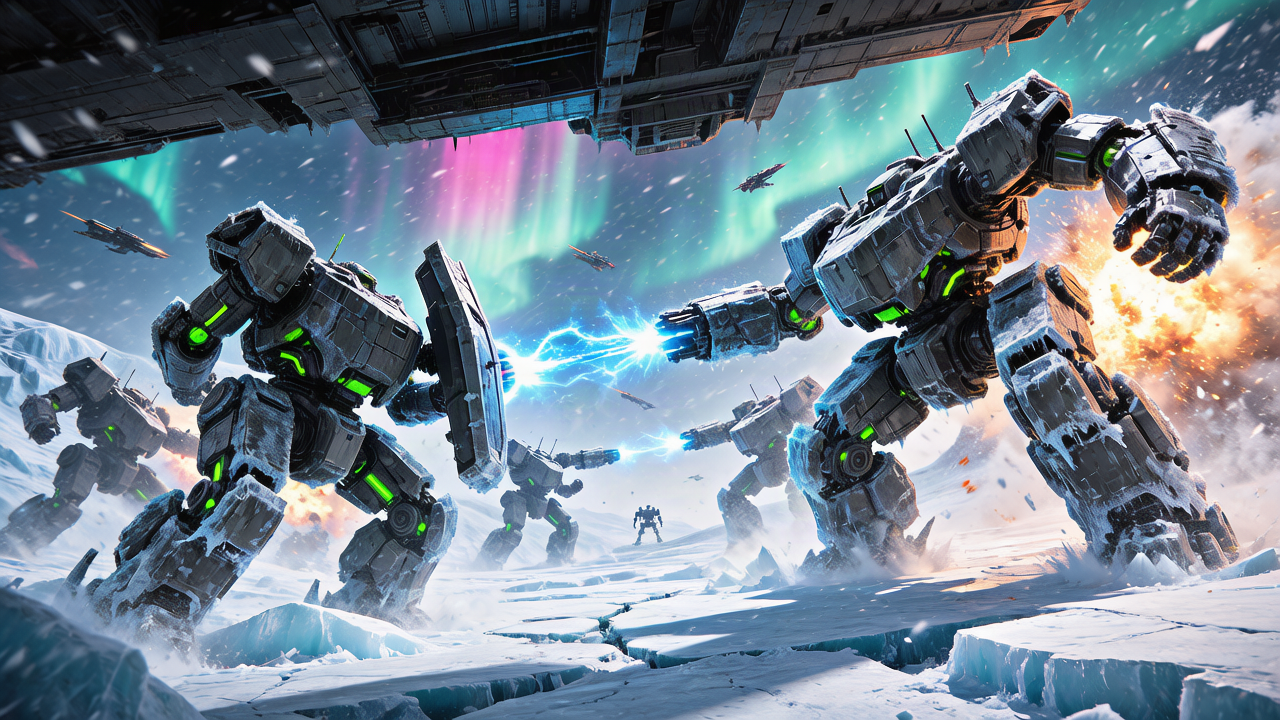 [Frost-covered combat mechs battle across a frozen arctic tundra, exchanging energy blasts beneath a glowing aurora during...