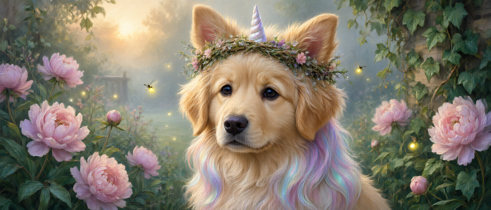 [Cute golden retriever dogicorn with unicorn horn and flower crown sits in a misty pink peony garden with glowing fireflie...