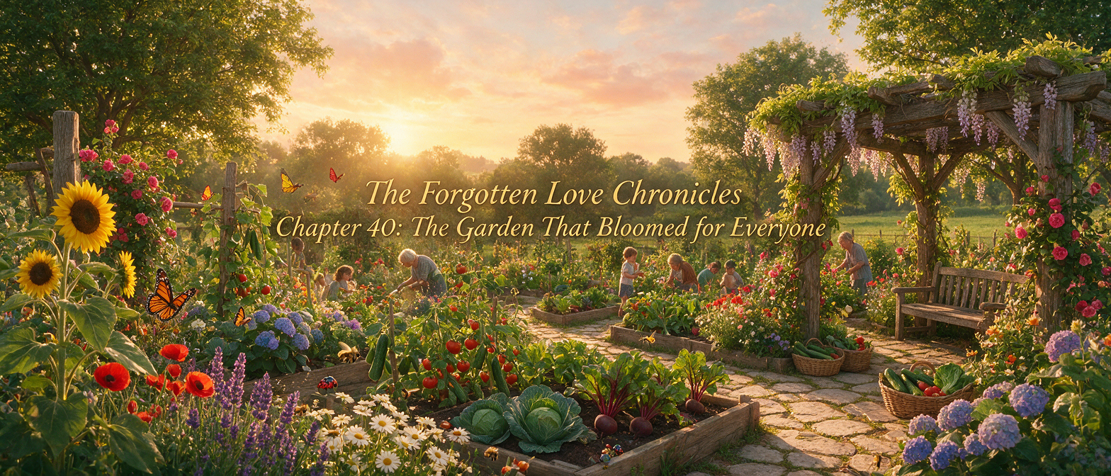 Idyllic golden hour community garden scene with gardeners, flowering plants, vegetable beds, and story title text overlay.