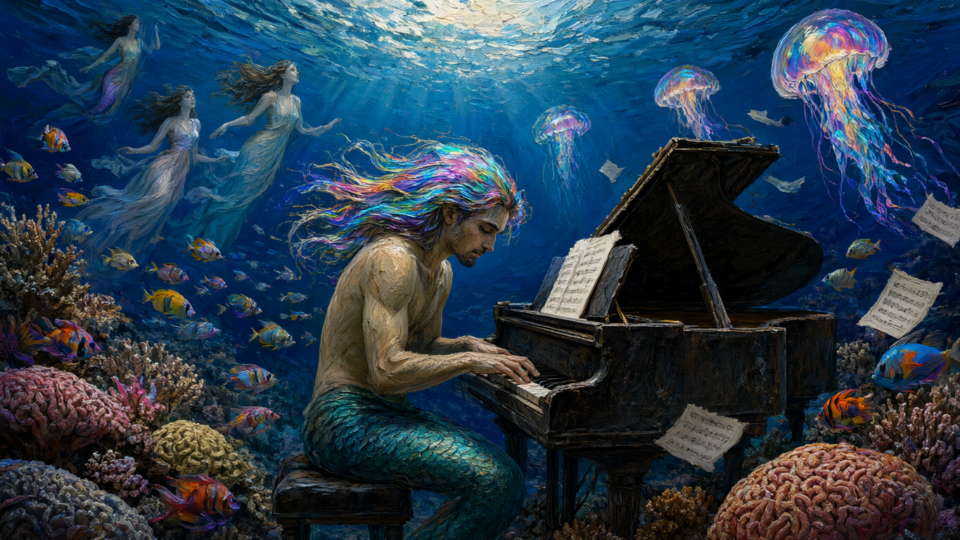 Iridescent rainbow-haired merman plays grand piano underwater, surrounded by mermaids, glowing jellyfish, and coral reef s...