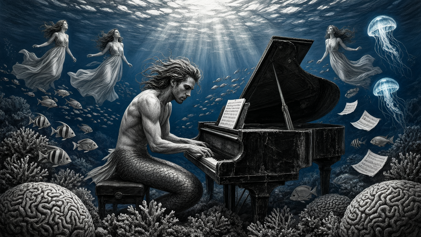[Muscular merman plays a weathered grand piano on an underwater seabed, surrounded by floating spirits, fish, and glowing ...