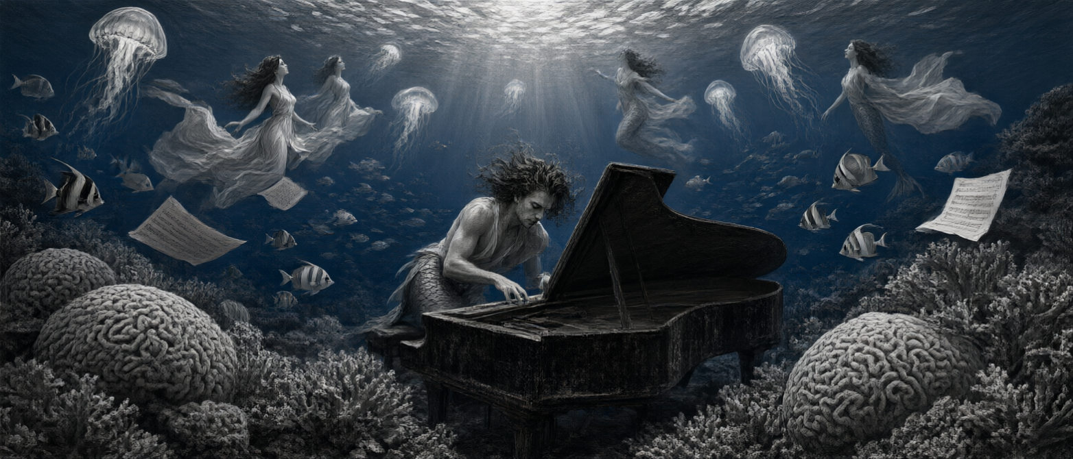 Surreal underwater scene of a merman playing grand piano, surrounded by floating merwomen, jellyfish, fish and sunbeams fr...