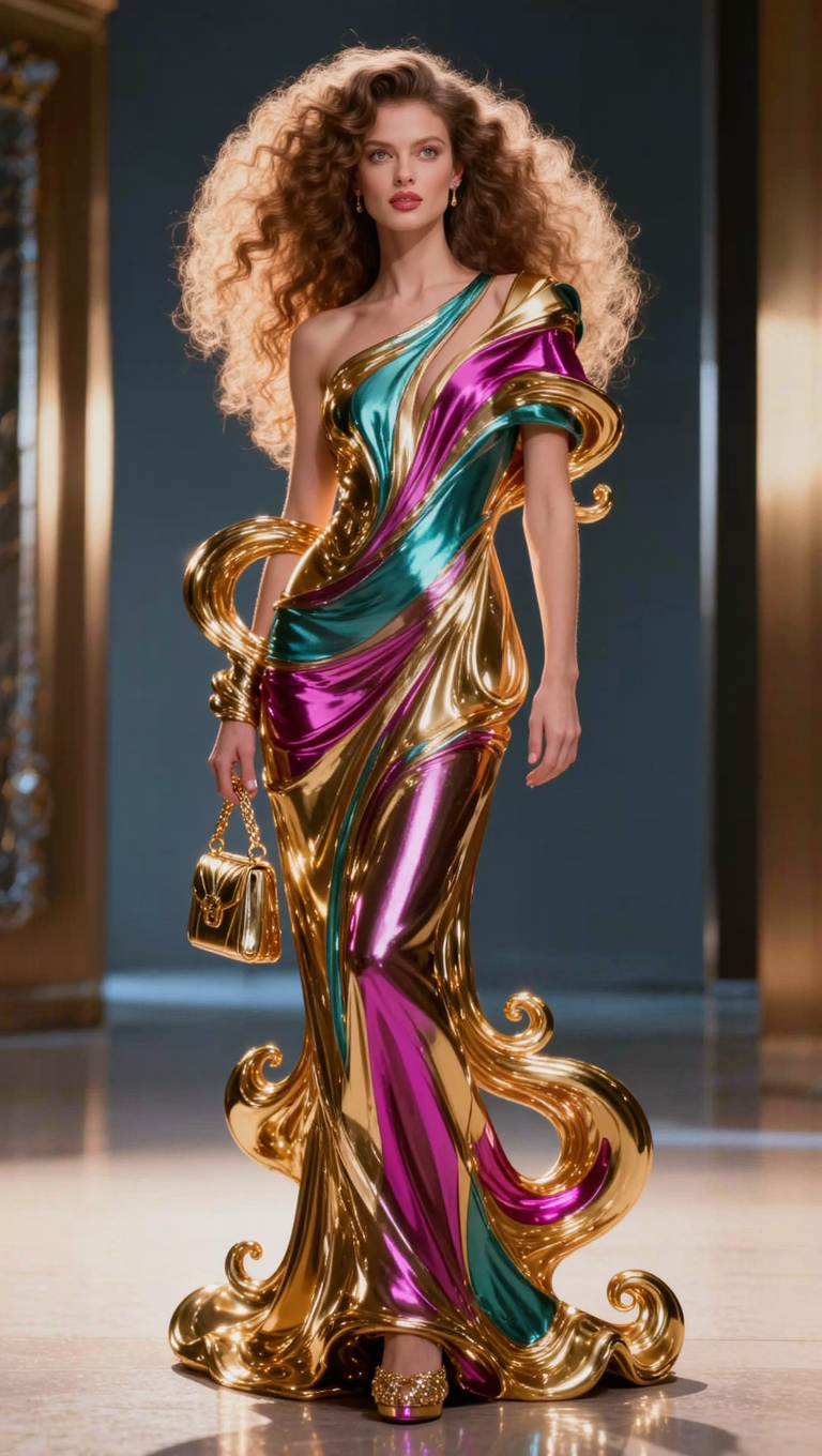 Runway model in surreal sculptural metallic gold, magenta, teal couture gown holding tiny gold handbag