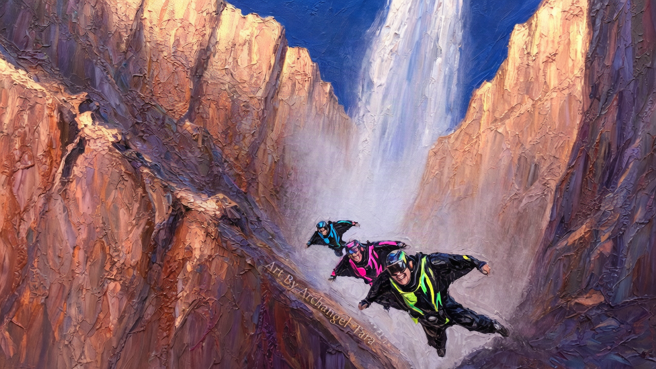 [Impasto oil painting of three smiling wingsuit flyers gliding through a sunlit rocky canyon beside a tall cascading water...