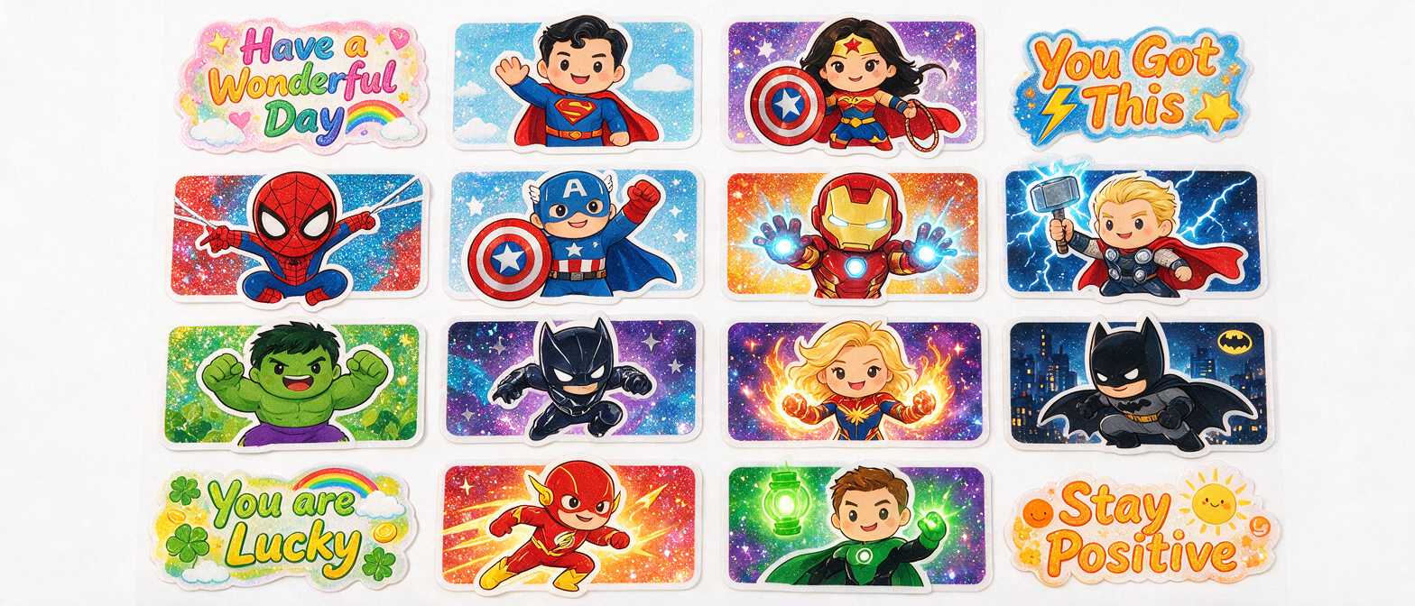 Grid of cute chibi superhero motivational quote stickers laid out on a plain white background