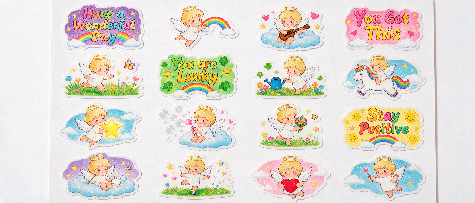 Sheet of cute pastel cherub angel positive affirmation stickers with rainbows, clouds, and whimsical decorative details.