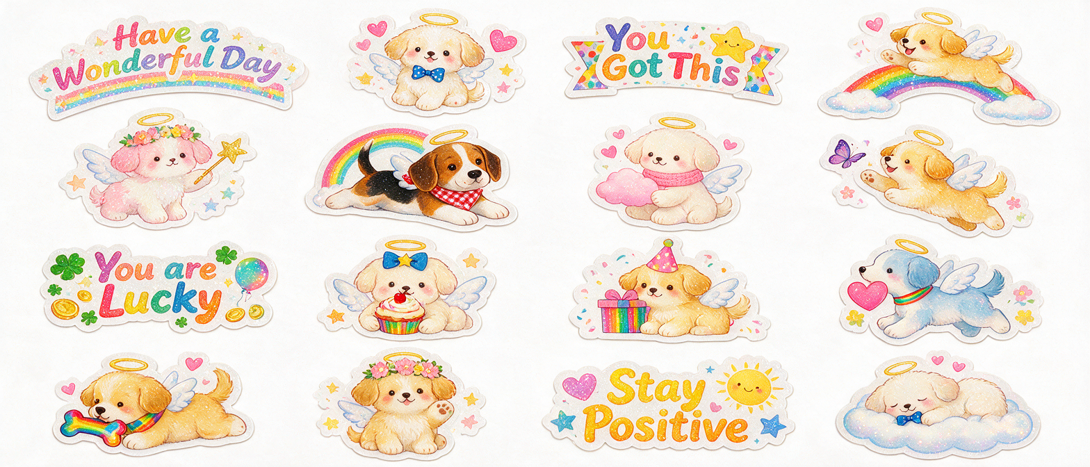 [Pastel sticker sheet of cute haloed angel puppy illustrations paired with cheerful positive affirmation text and whimsica...