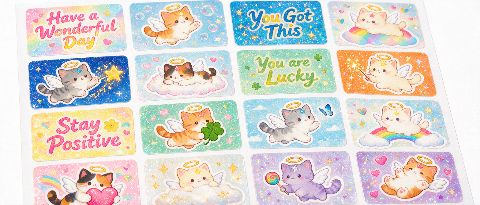 Glittery pastel sticker sheet of cute haloed angel cat illustrations paired with uplifting positive affirmation quotes