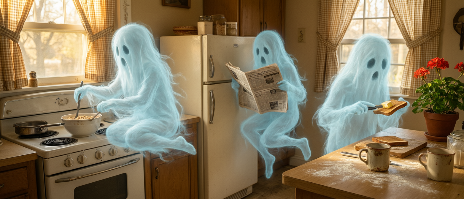 Three translucent pale blue sheet ghosts complete breakfast routines in a warm sunlit retro home kitchen.