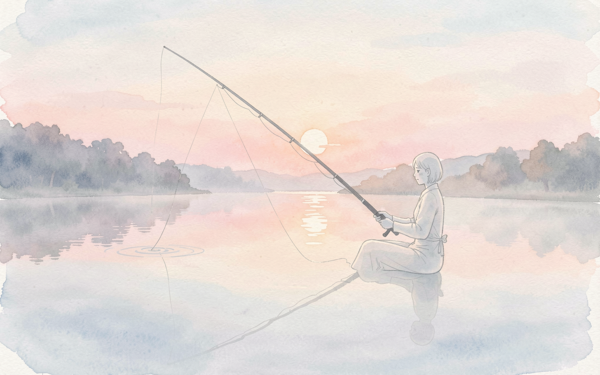 Soft watercolor illustration of a woman fishing on a calm still lake at pastel pink sunset.