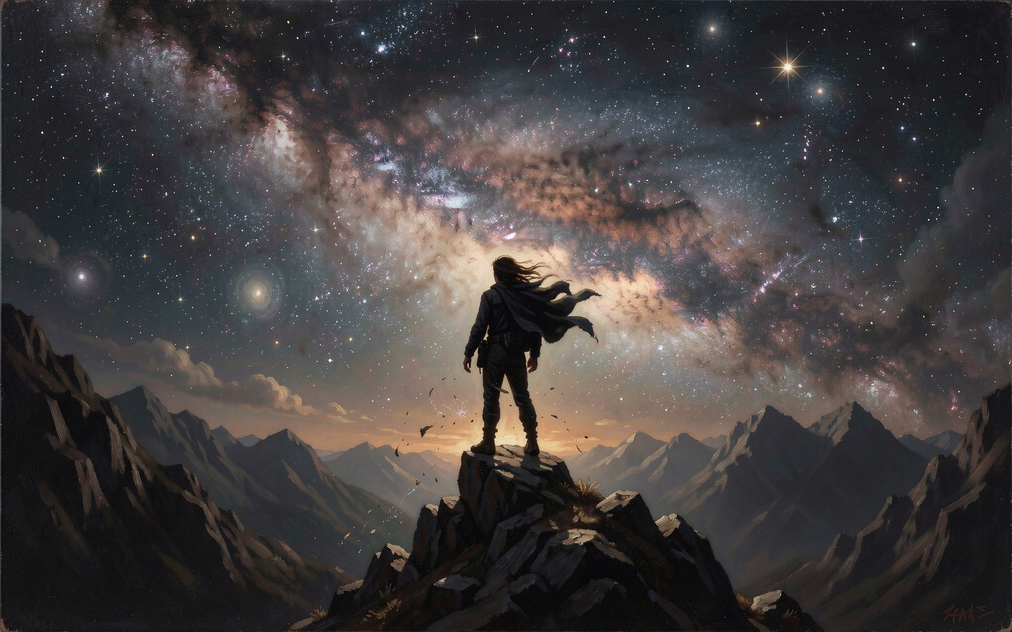 Lone cloaked wanderer stands on a rocky mountain peak, gazing up at a brilliant swirling Milky Way above distant ranges.