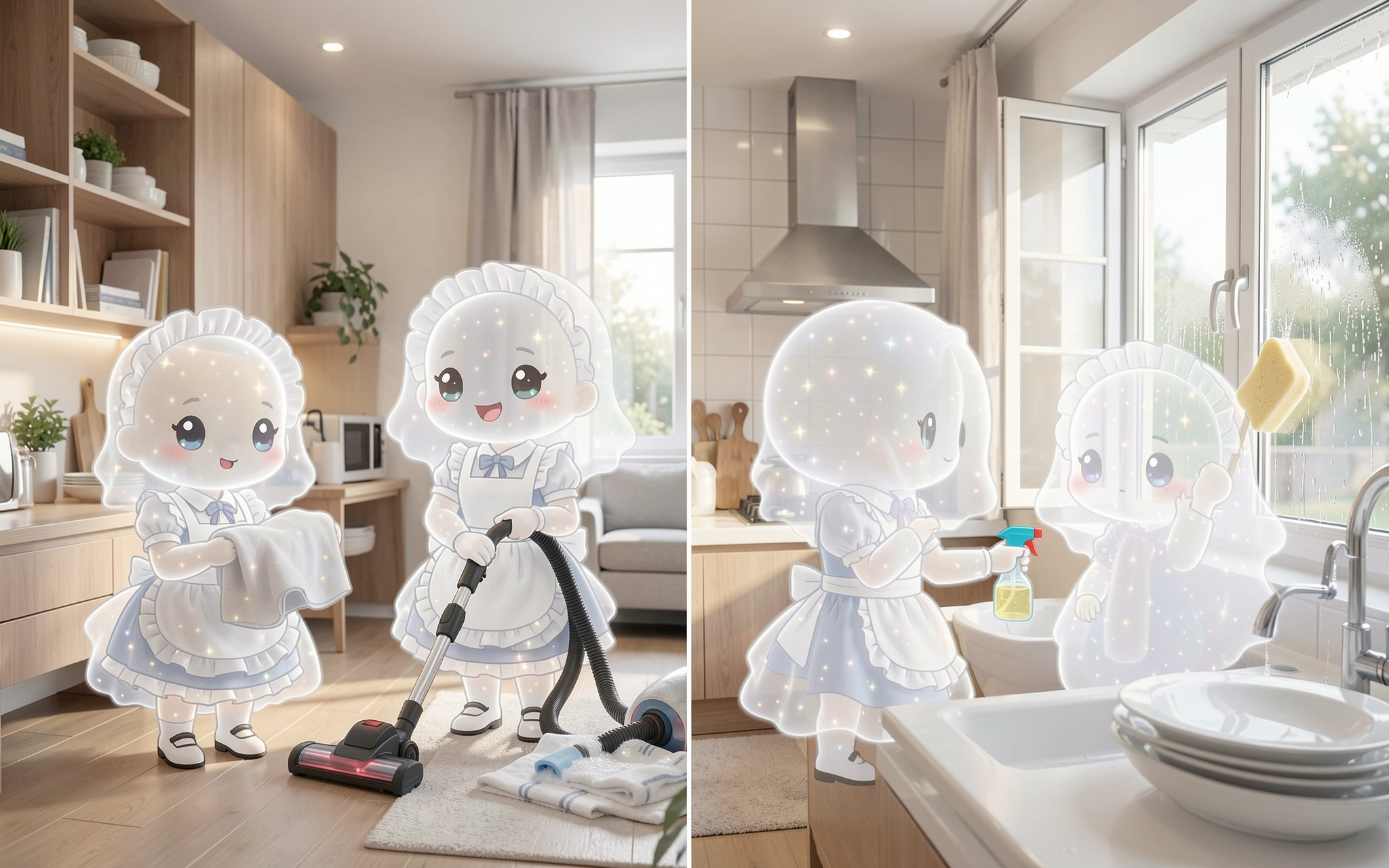 [Diptych illustration of sparkly translucent chibi ghost maids completing cleaning chores in a bright modern home and kitc...