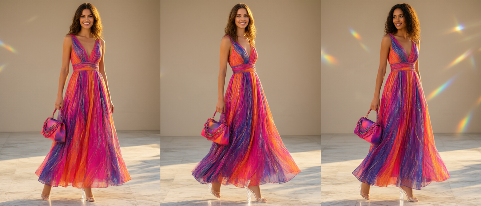 Triptych of diverse smiling models showcasing matching vibrant gradient tulle maxi gowns and handbags in a sunlit studio.