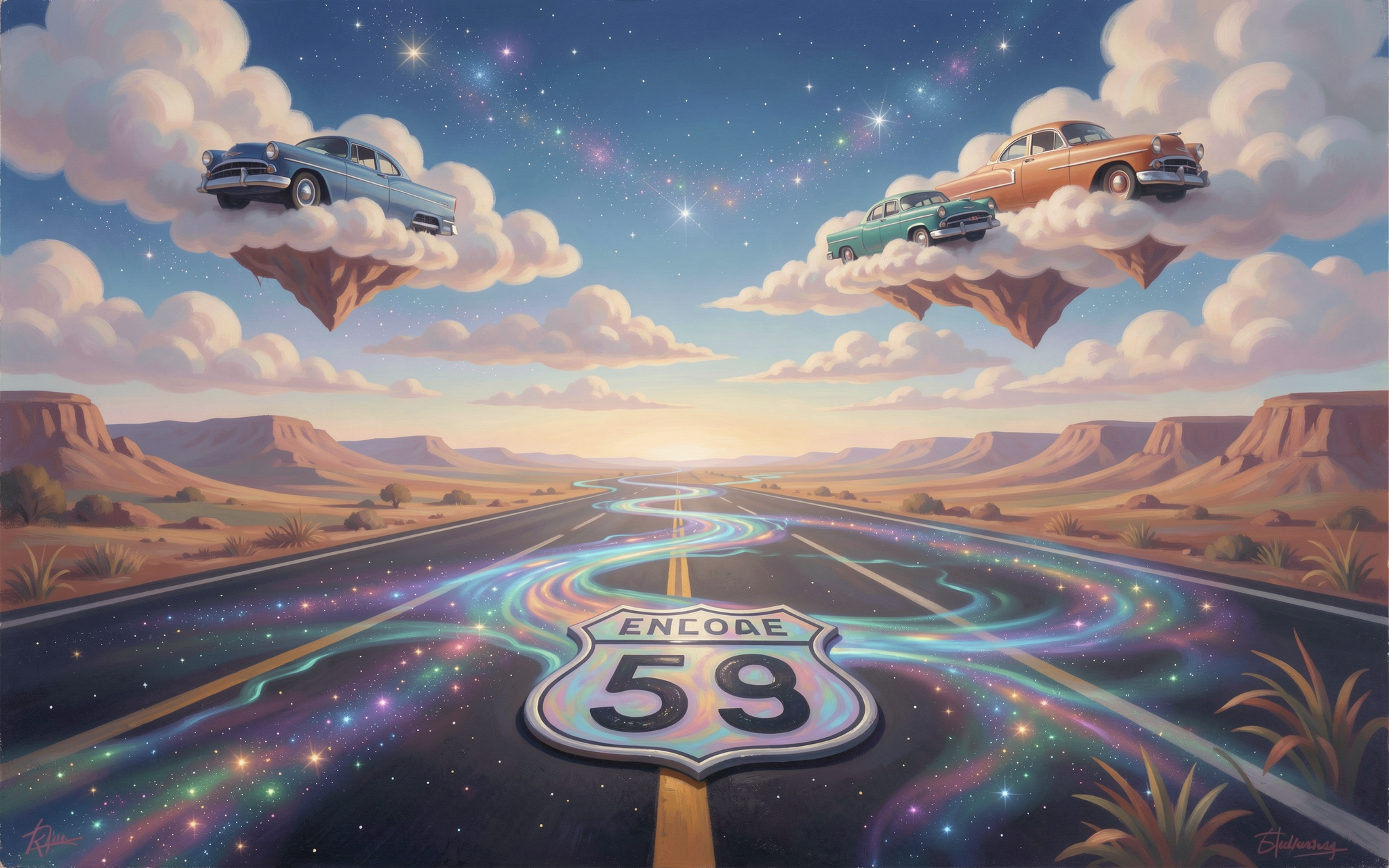 Surreal fantasy desert highway artwork with floating vintage cars on cloud islands, glowing cosmic road, and ENCODE 59 roa...