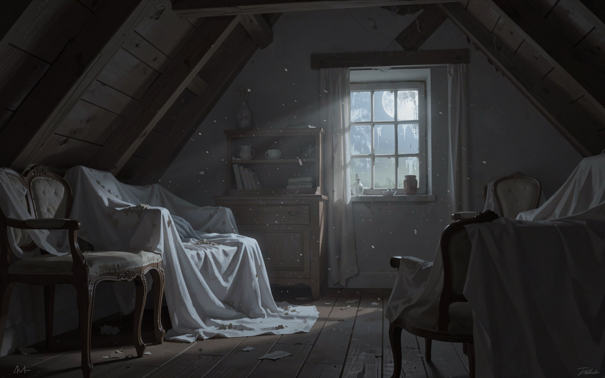 [Moonlit abandoned attic interior with draped vintage furniture, floating dust motes, and soft light streaming through a p...