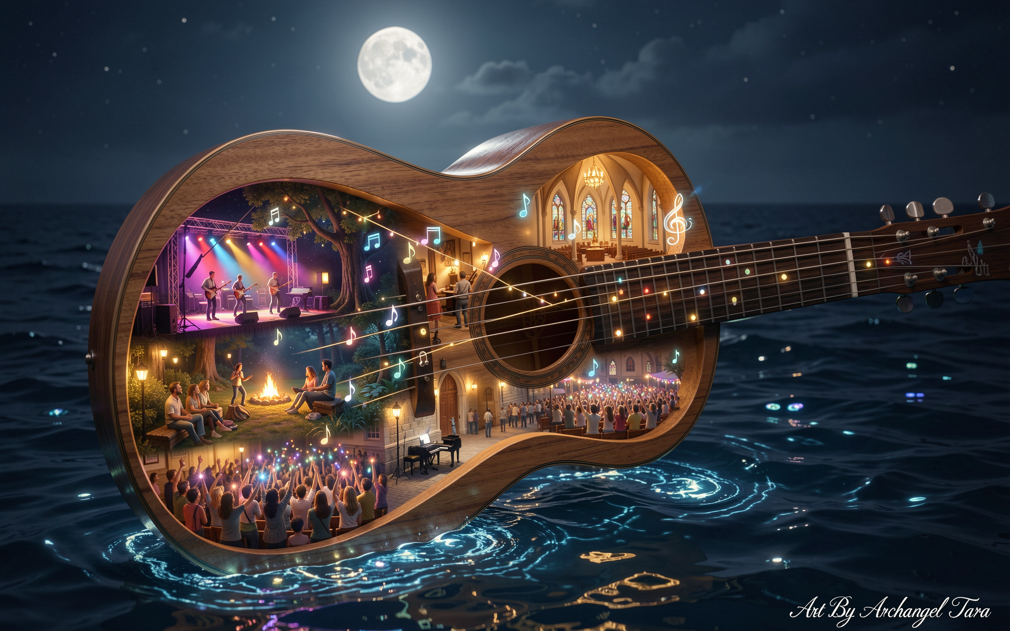 [Surreal hollow wooden acoustic guitar floating on moonlit ocean, its interior filled with tiny detailed music diorama sce...