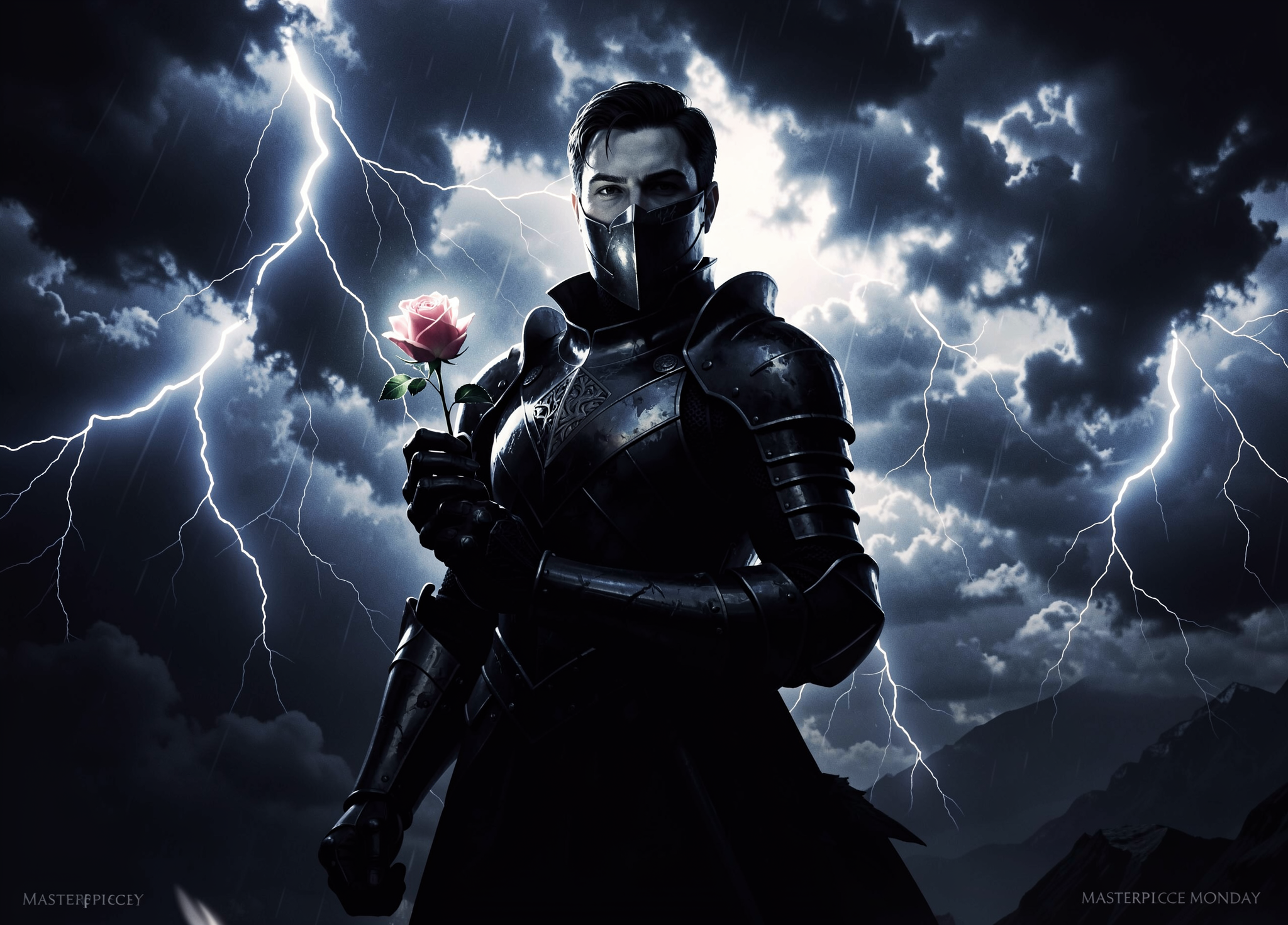 [Masked knight in black plate armor holds a pink rose, standing against a stormy sky with crackling lightning and falling ...