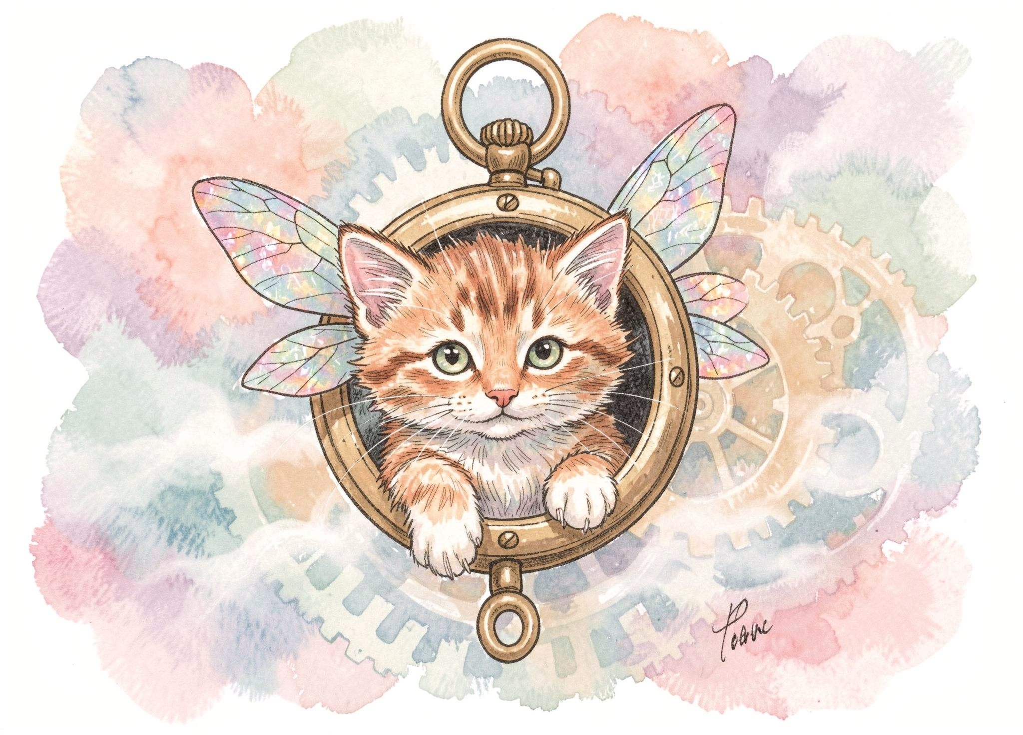 Whimsical watercolor of a ginger tabby fairy kitten peeking out from a brass pocket watch with iridescent wings.