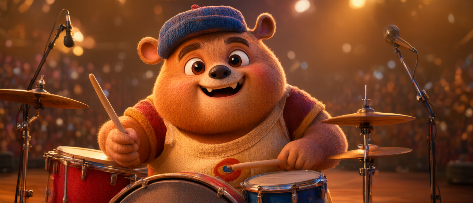 Cheerful fluffy animated brown bear wearing a knit beanie plays drums on a warmly lit concert stage, smiling happily.