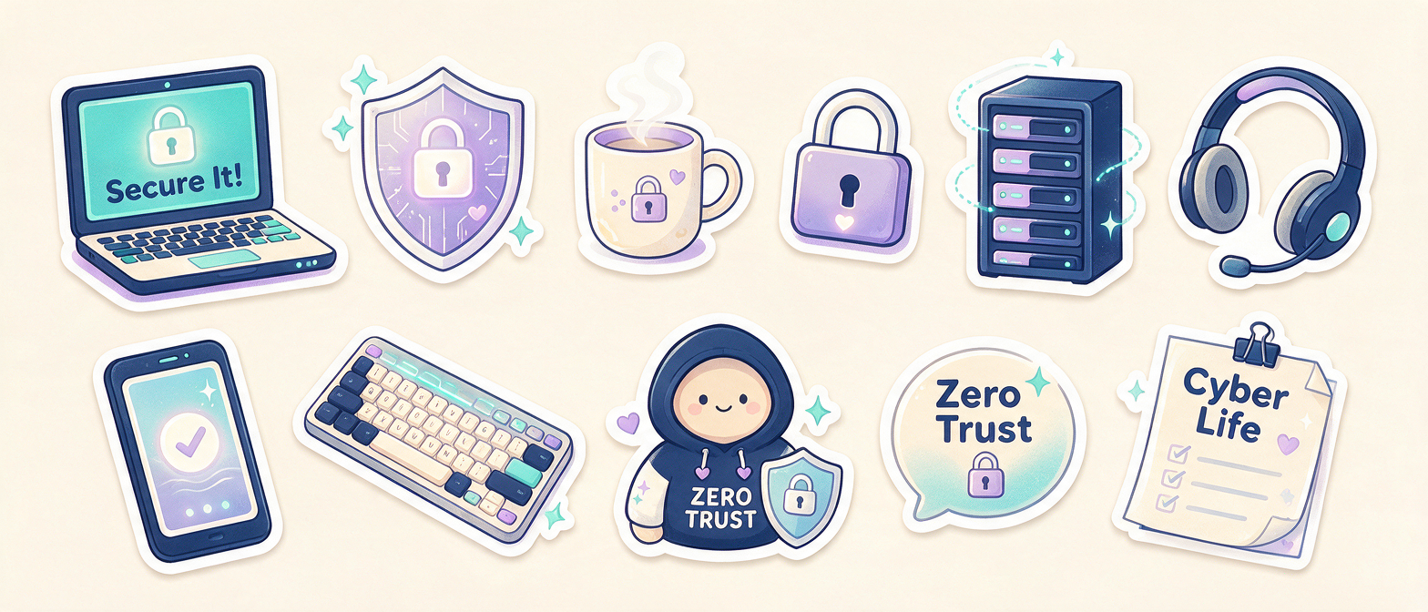 [Pastel kawaii cybersecurity sticker set featuring zero trust, IT work gear, and security illustration elements on a light...