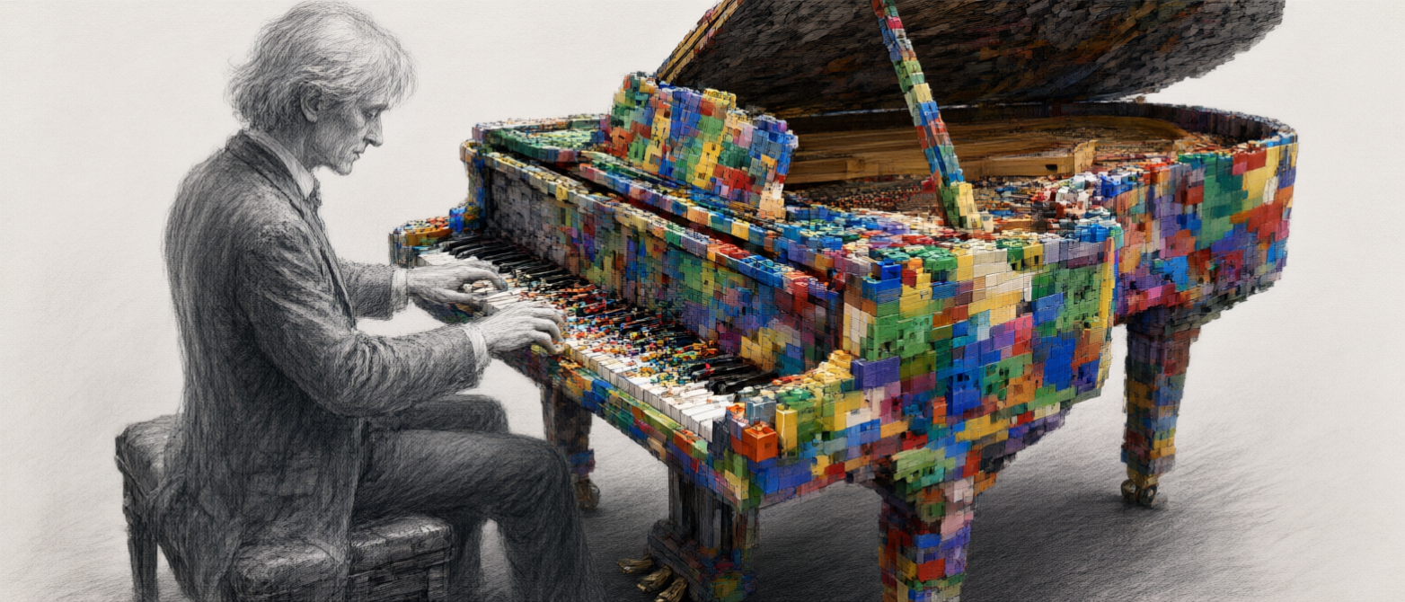 Grayscale sketched seated pianist playing a whimsical grand piano constructed from bright colorful interlocking building b...