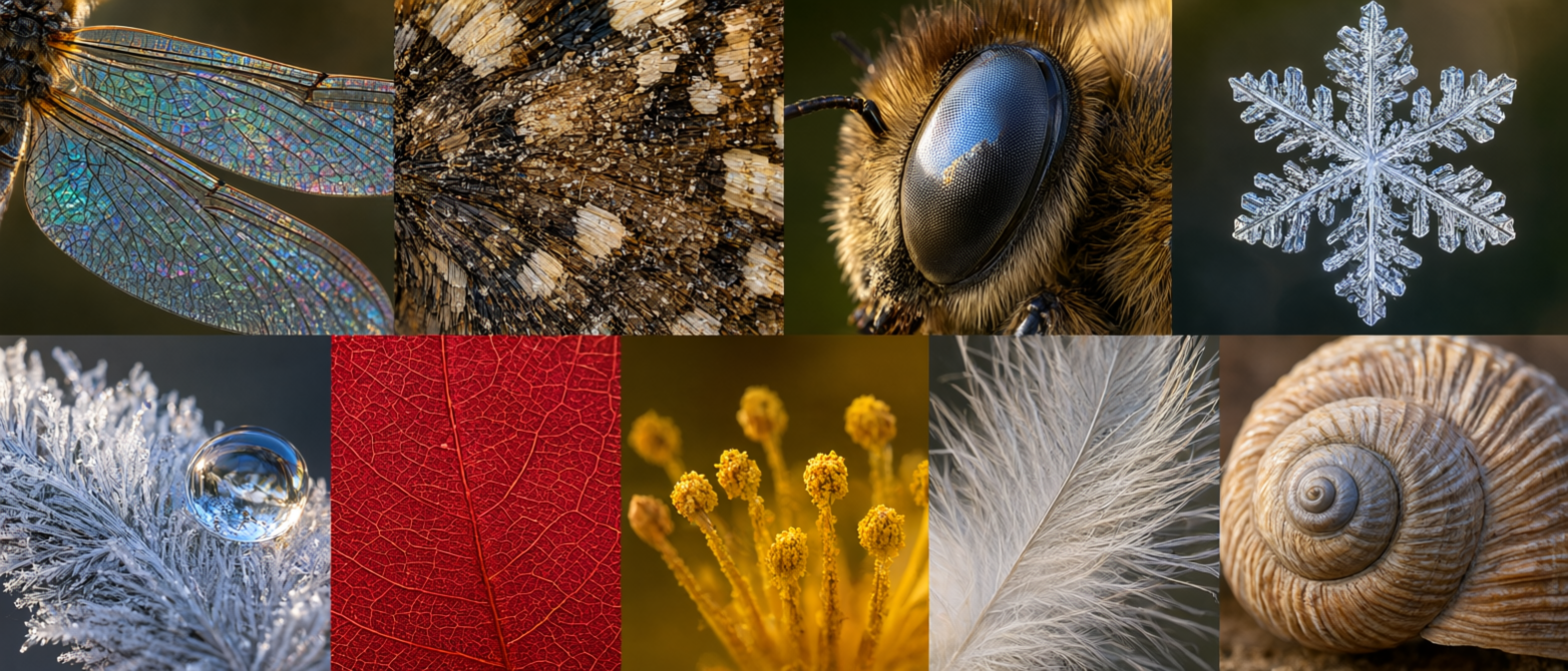 Macro nature collage of extreme closeup natural textures, including insect wings, bee eye, snowflake, frost, leaf, feather...