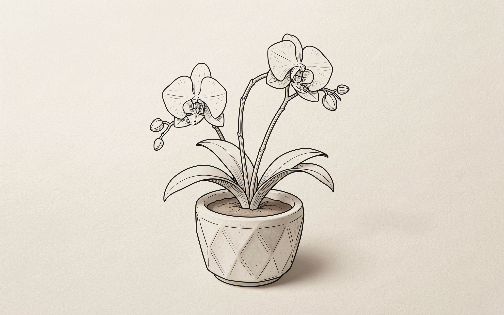 Minimalist line art illustration of a blooming moth orchid in a geometric faceted planter against a soft cream background