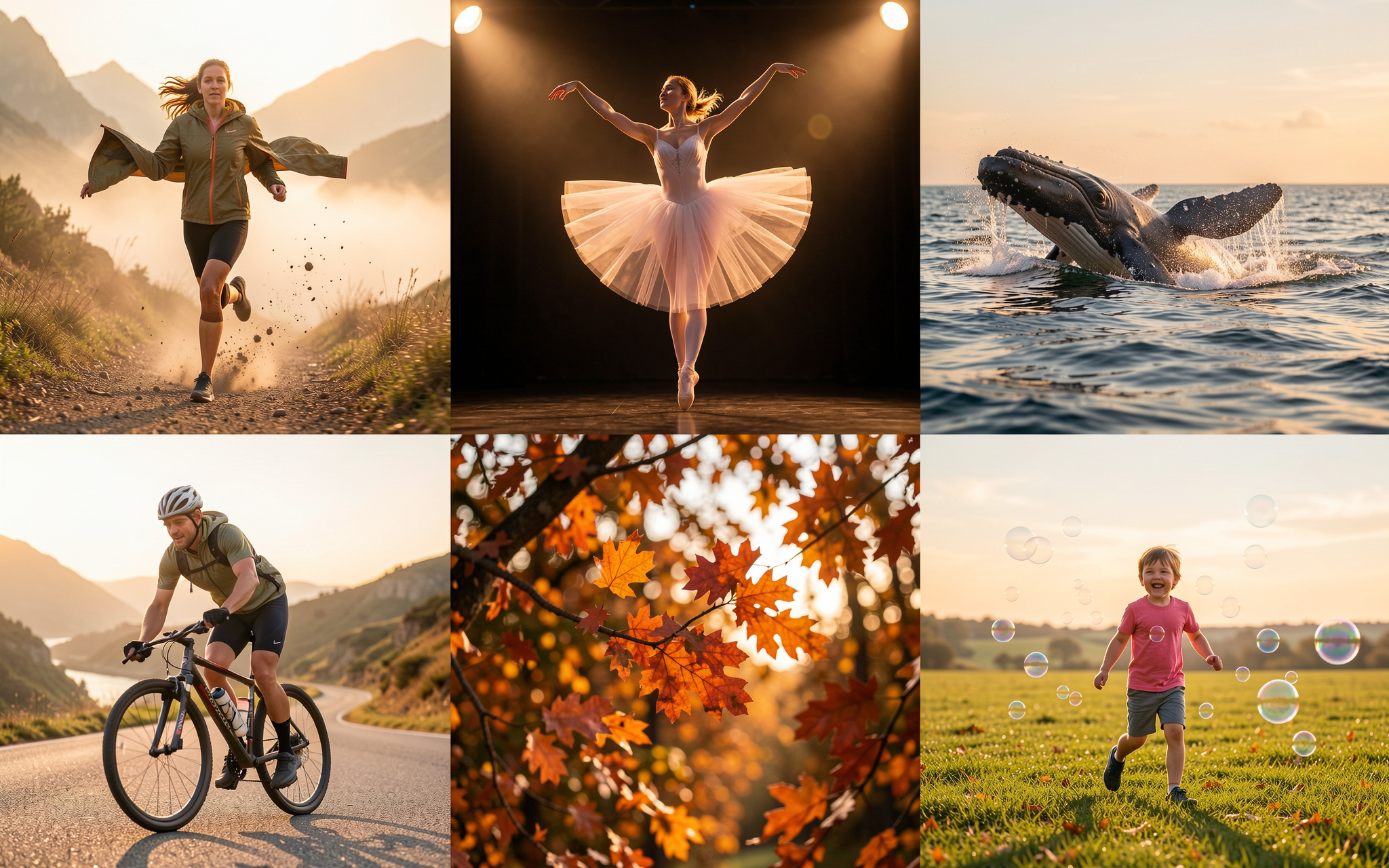 [6-panel golden hour collage of uplifting scenes: trail runner, ballerina, breaching whale, cyclist, autumn leaves, and ch...