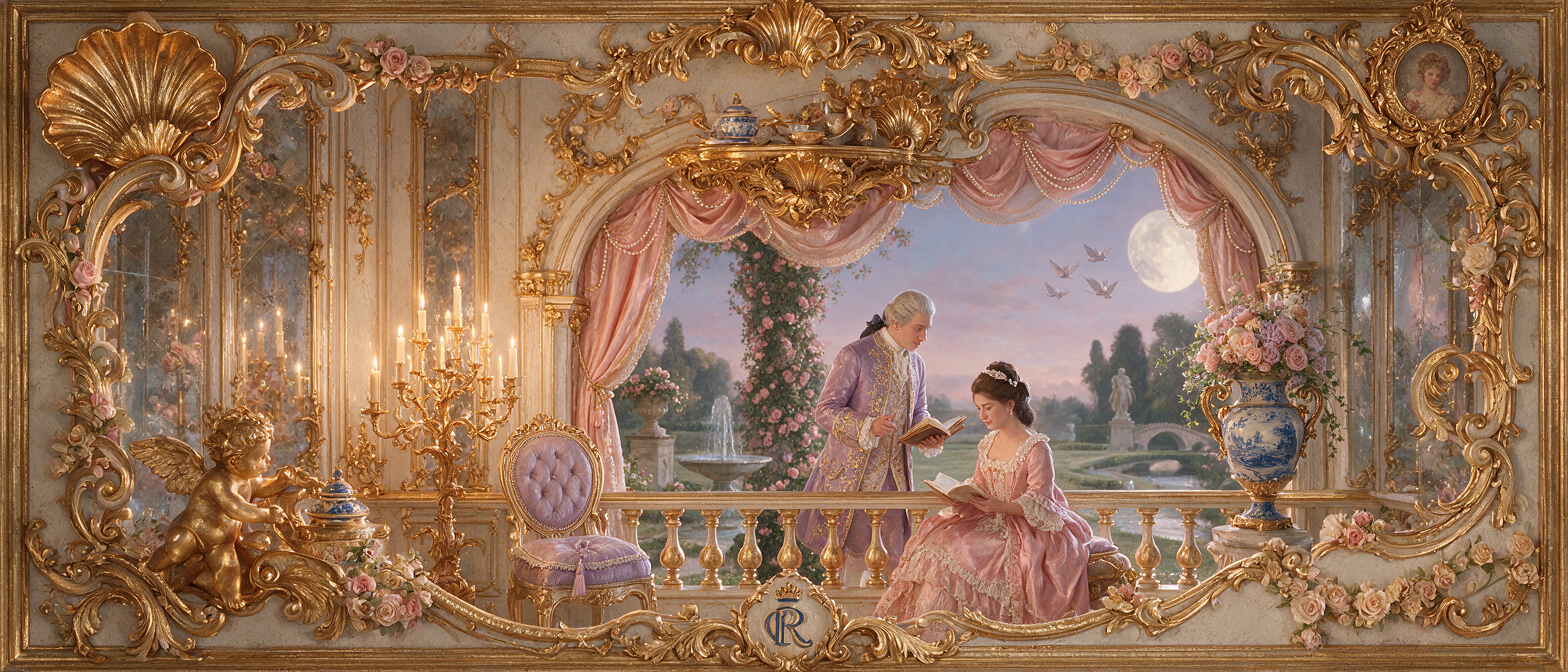 Ornate gilded Rococo balcony scene with 18th century aristocratic couple reading overlooking a moonlit formal garden at tw...
