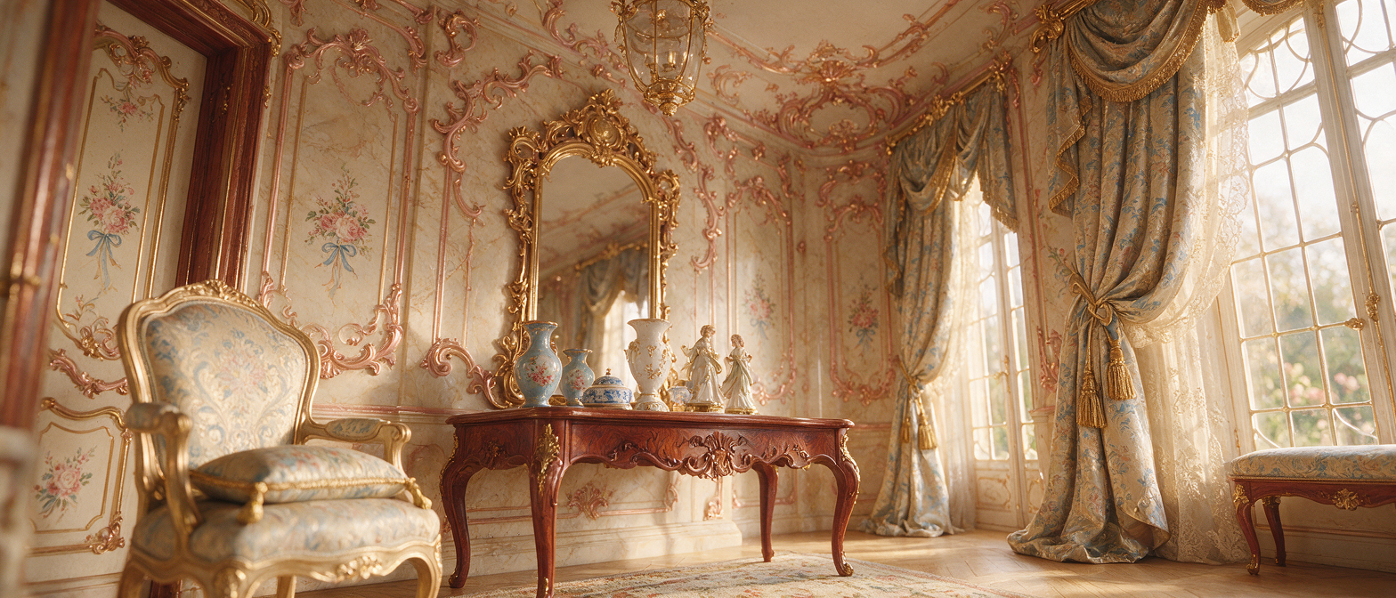 Elegant sunlit rococo French salon with gilded antique furniture, pastel paneling, and draped floor-to-ceiling windows.