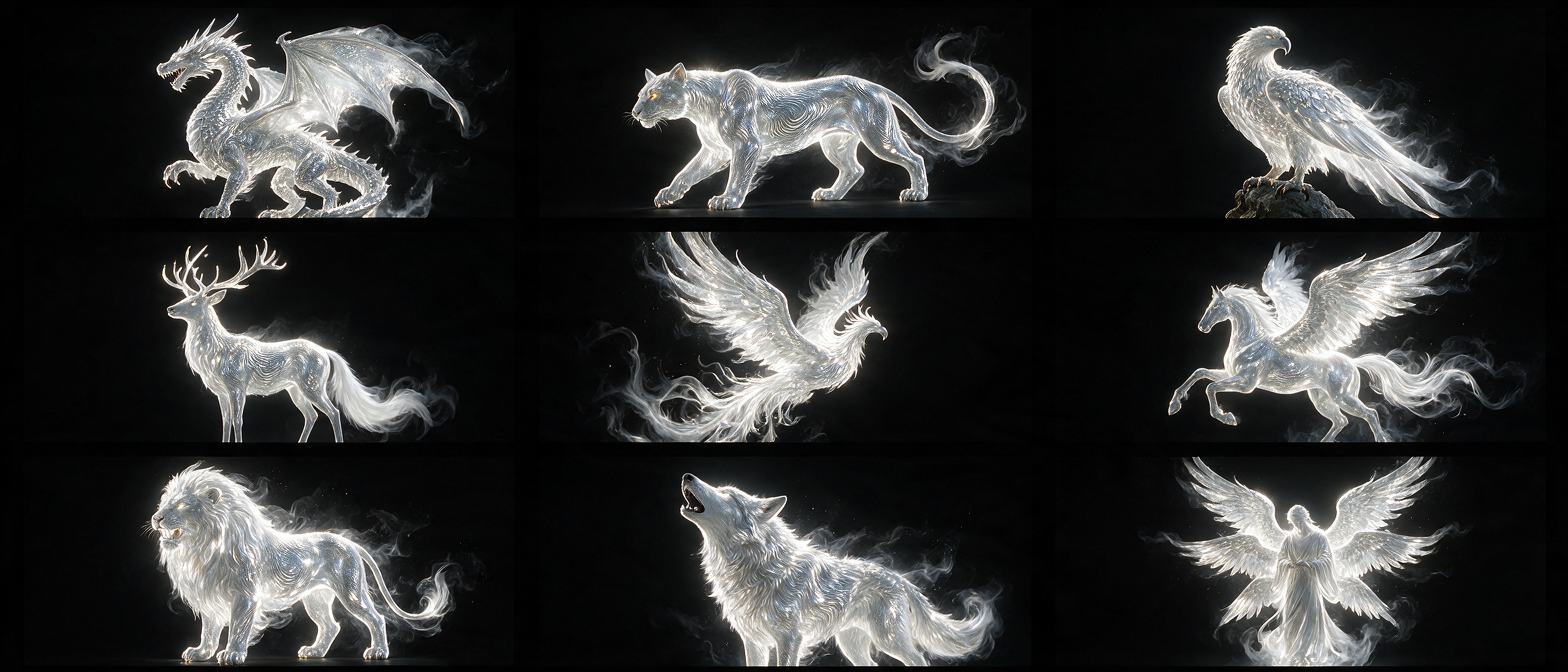 Grid of 9 glowing translucent mythical spirit creatures arranged in a 3x3 grid against a solid black background.