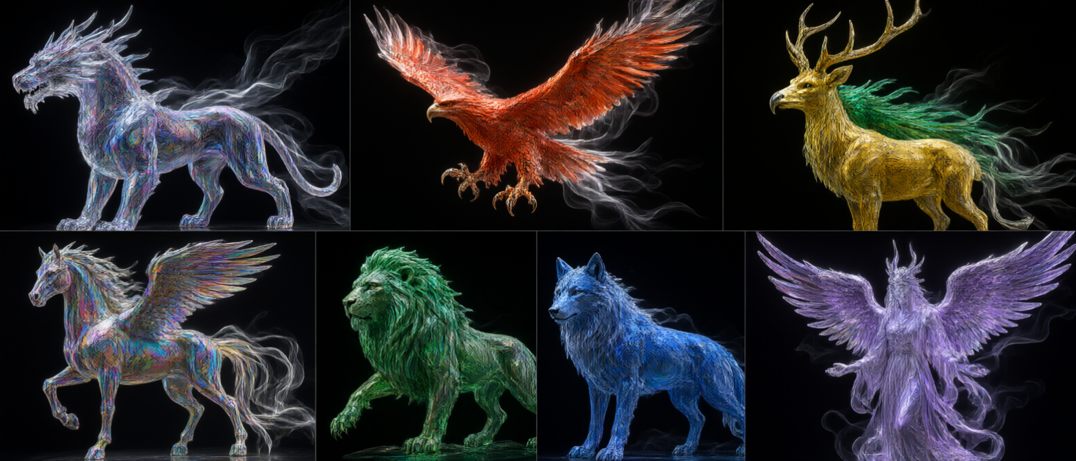 Grid of translucent iridescent crystal mythical fantasy creatures displayed against a solid black background.