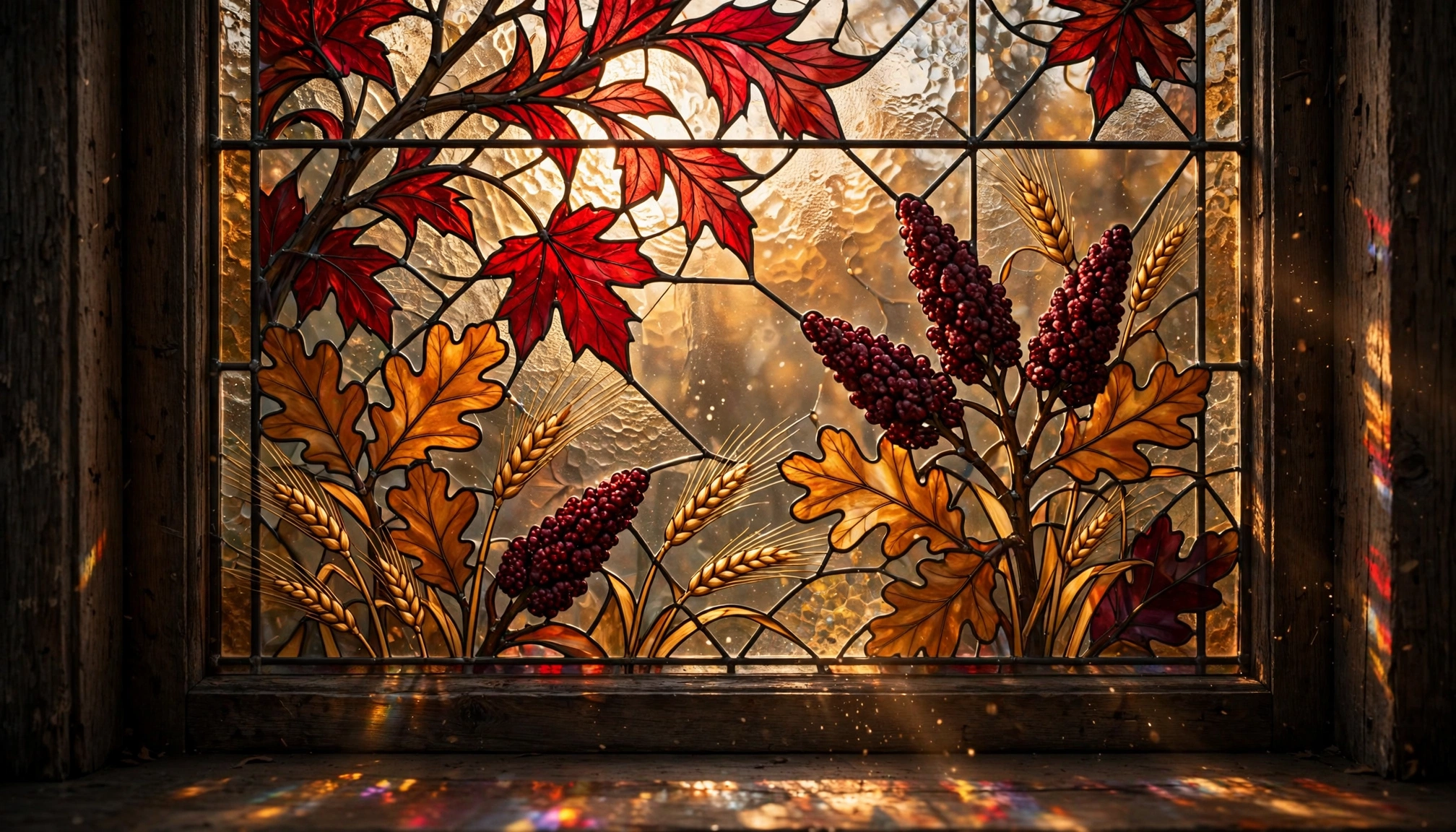 Sunlit autumn harvest stained glass window with red maple leaves, golden oak foliage, wheat stalks, and berry clusters in ...