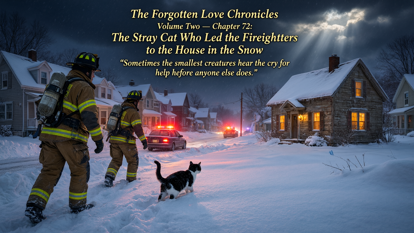 Tuxedo stray cat leads two firefighters through deep snow toward a lit cottage on a dark winter night, story title text ov...