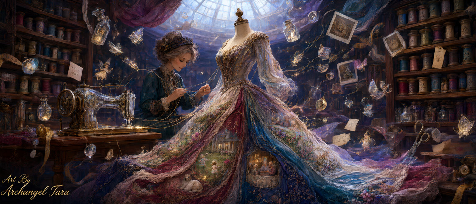 Magical seamstress stitches an enchanted story-woven ballgown inside a glowing fairy tale tailor workshop