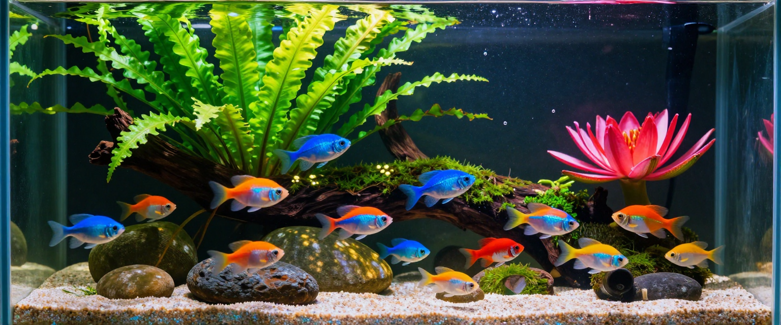School of colorful tetra fish swimming in a planted freshwater aquarium with driftwood and lotus decor