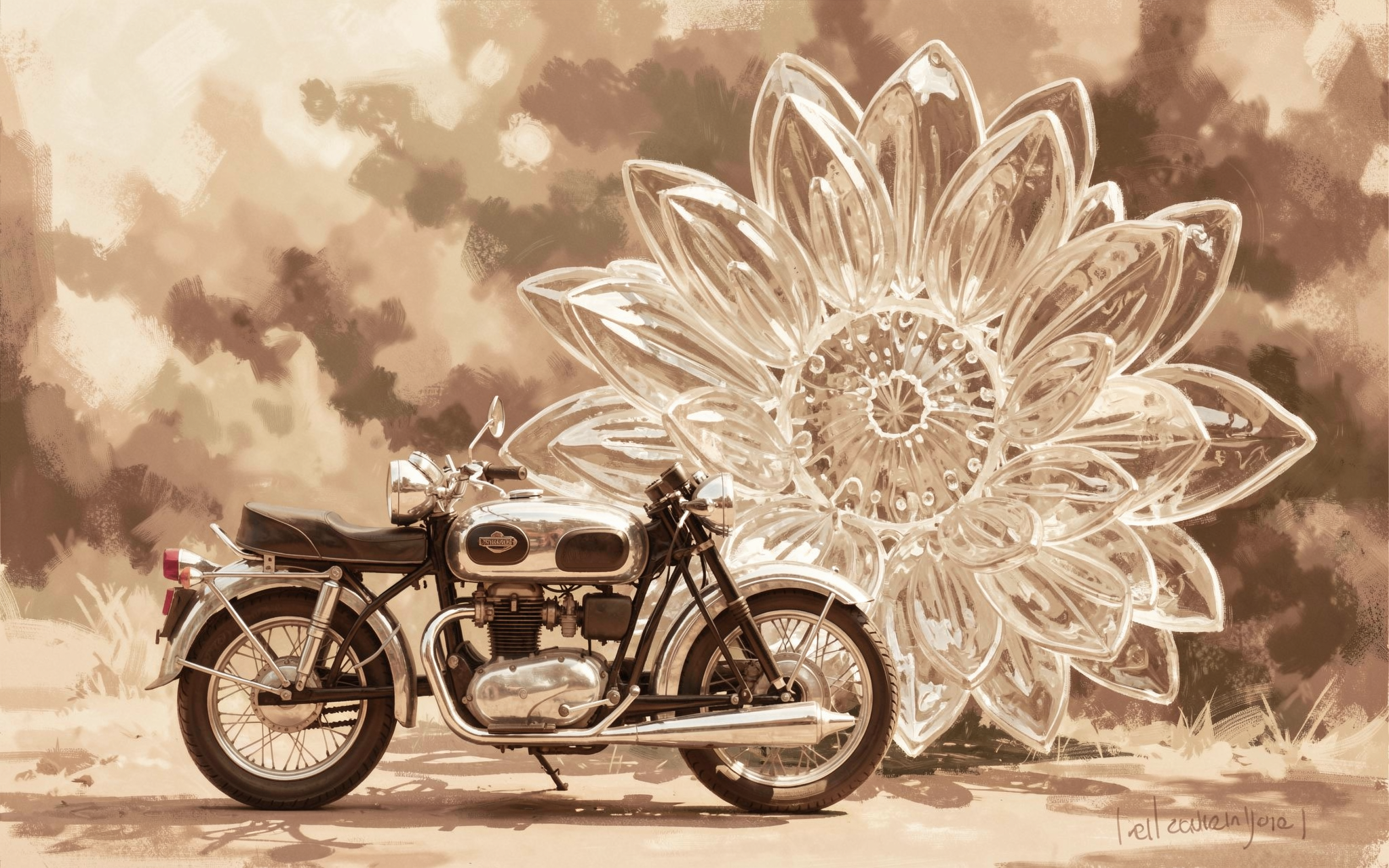 Vintage chrome cafe racer motorcycle parked next to a large translucent crystal lotus flower