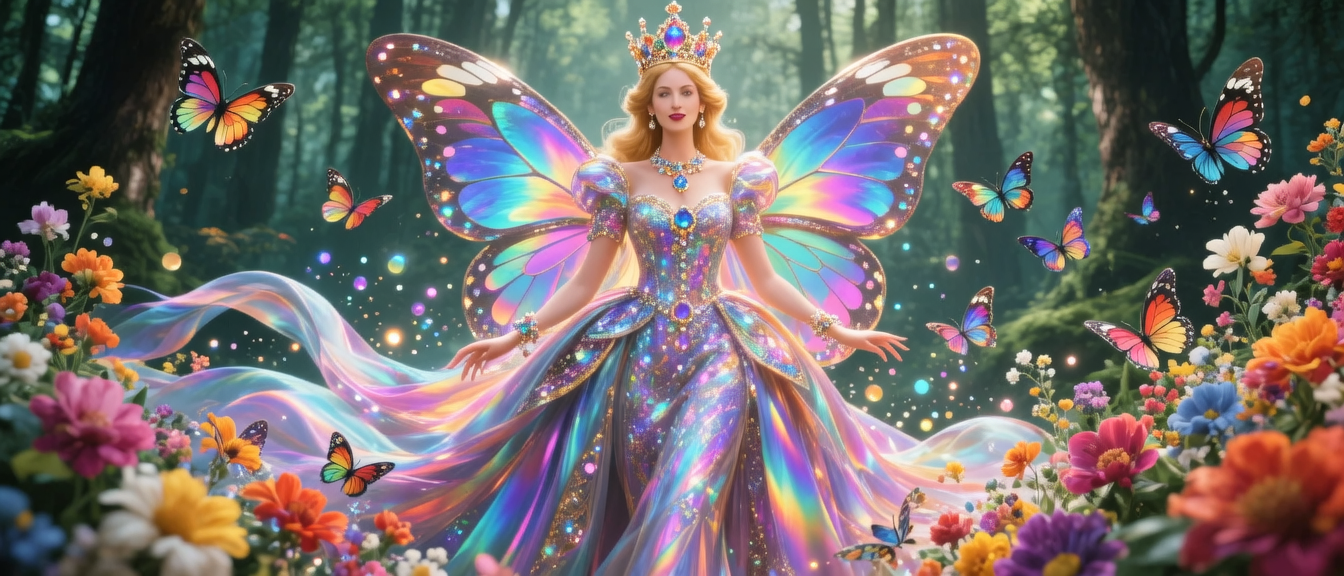 Regal fairy queen with iridescent rainbow butterfly wings stands in an enchanted forest clearing surrounded by butterflies