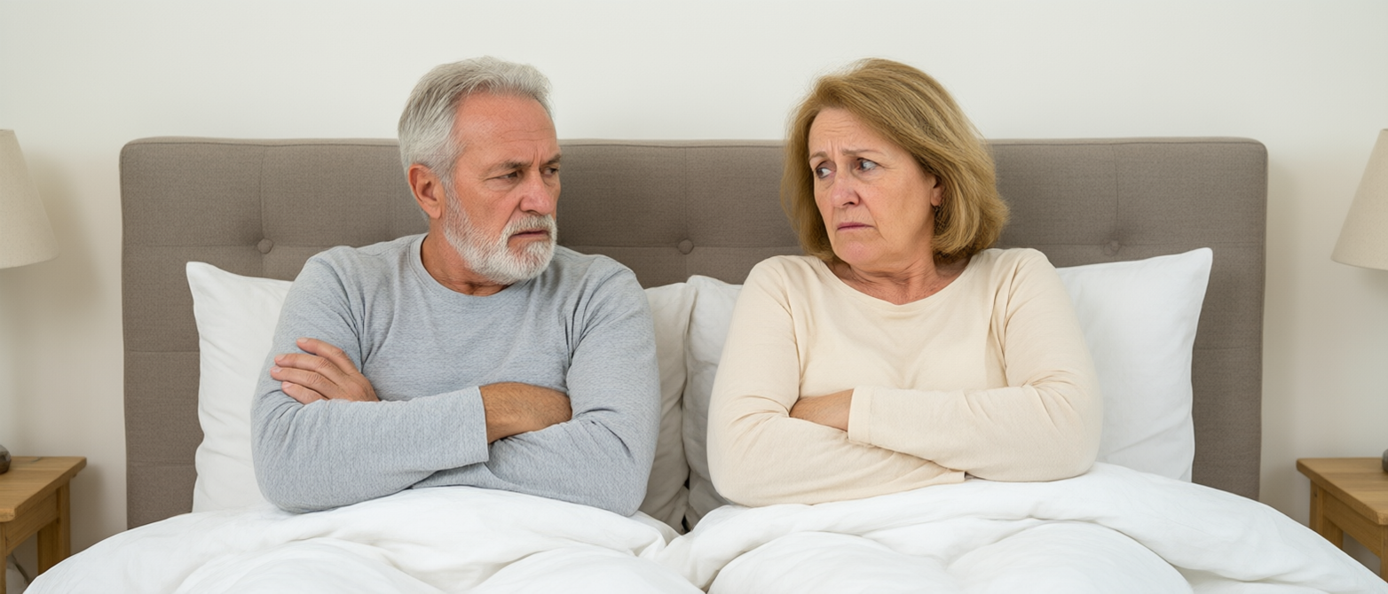 Upset senior couple sit side by side in bed with crossed arms following a relationship argument