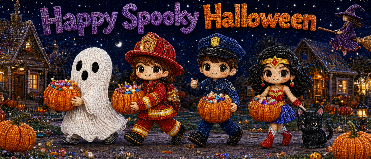 Textured beaded style trick-or-treaters in Halloween costumes carry candy-filled pumpkin buckets under Happy Spooky