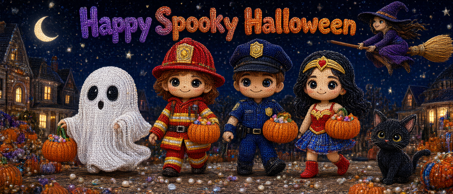 Cute beaded trick-or-treaters in Halloween costumes hold candy buckets under a Happy Spooky Halloween banner