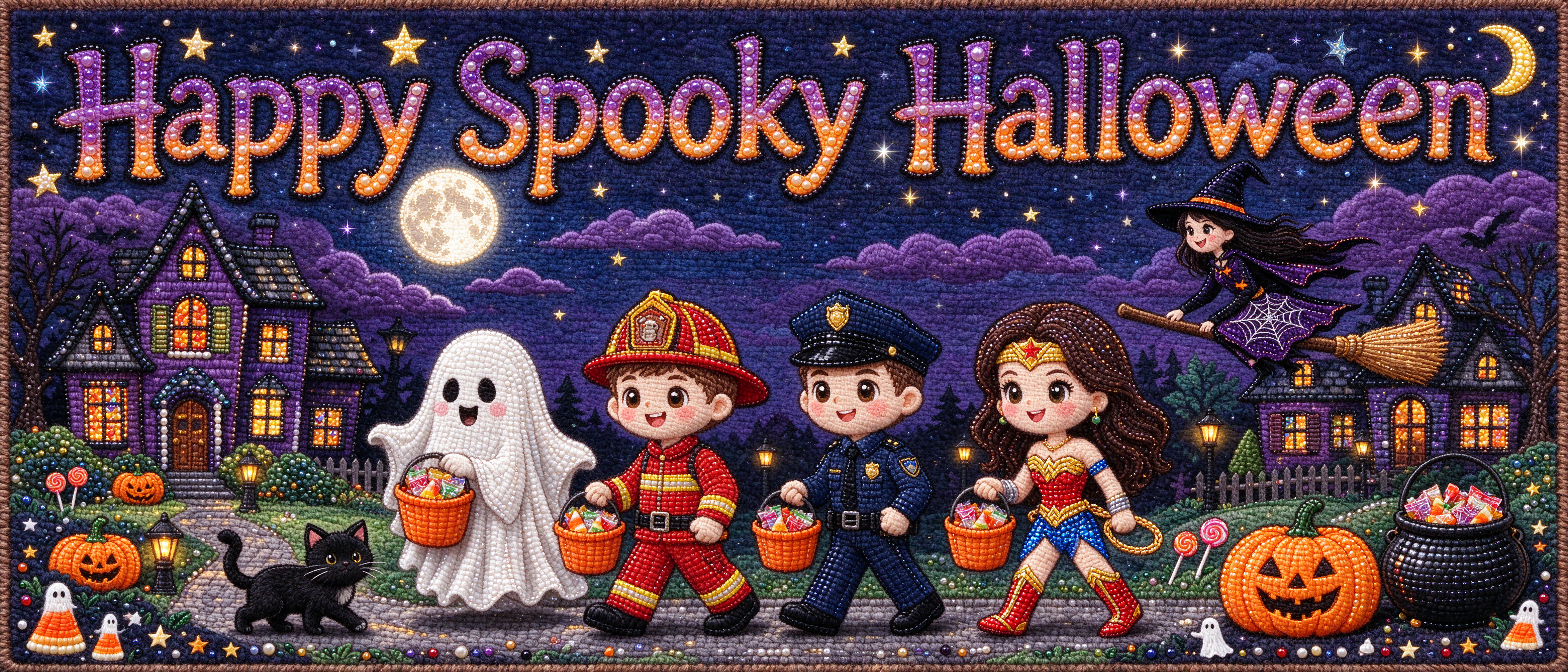 Textured beadwork illustration of costumed trick-or-treaters under a Happy Spooky Halloween night sky