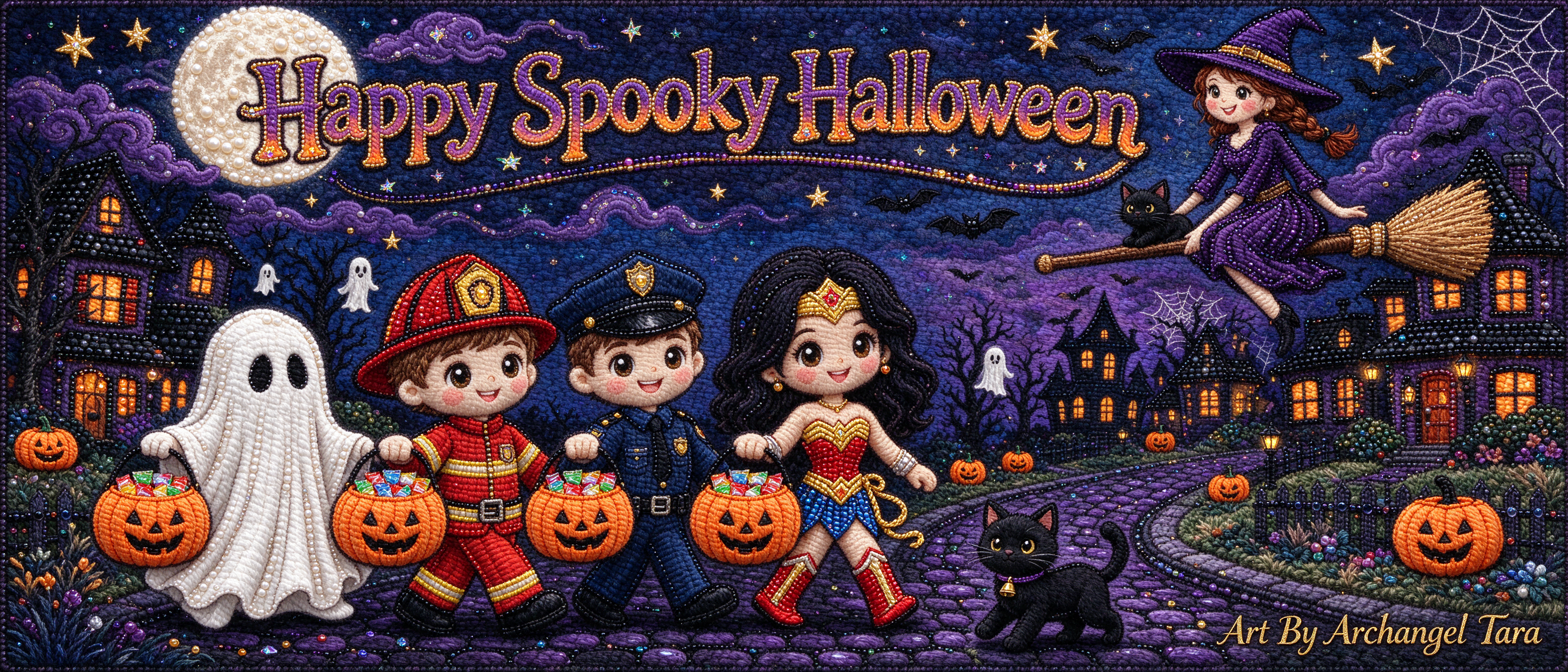 Textured beaded Halloween illustration of costumed trick-or-treaters holding pumpkin candy buckets on a spooky neighborhood
