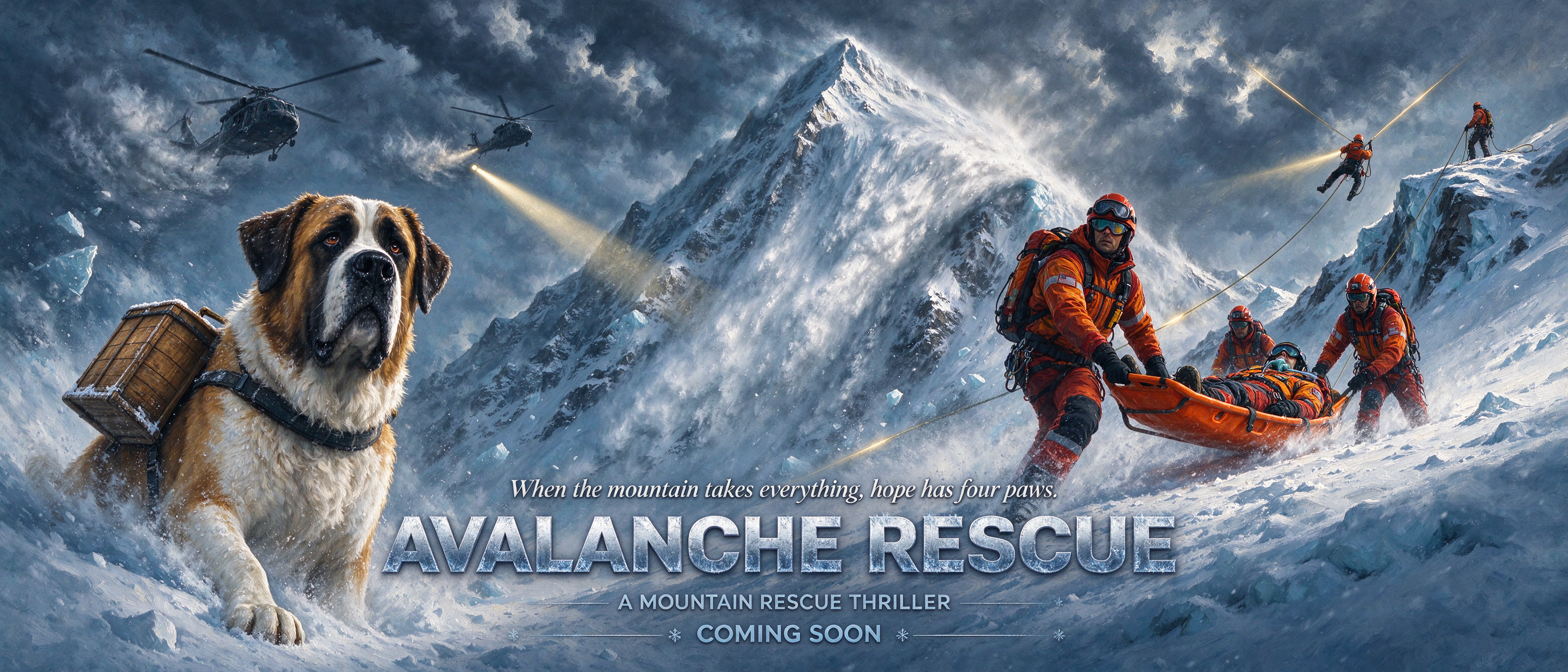 Saint Bernard rescue dog stands in deep snow beside a mountain rescue team on a stormy alpine peak for an upcoming thriller