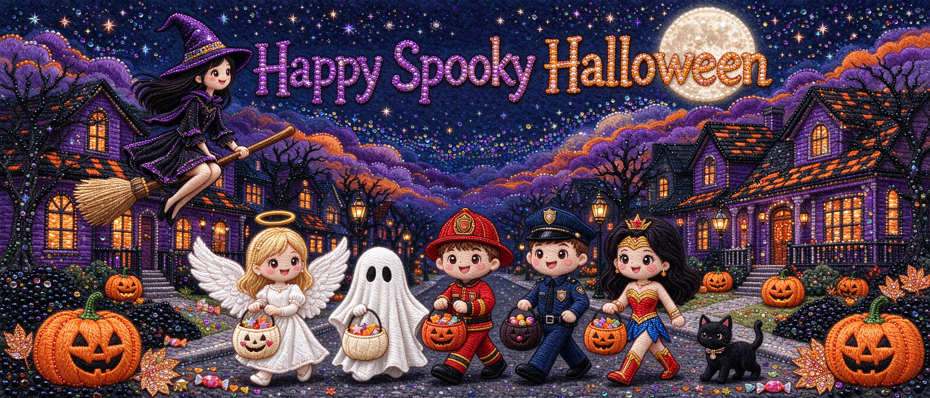 Costumed trick-or-treaters walk a festive Halloween street with a flying witch and Happy Spooky Halloween text