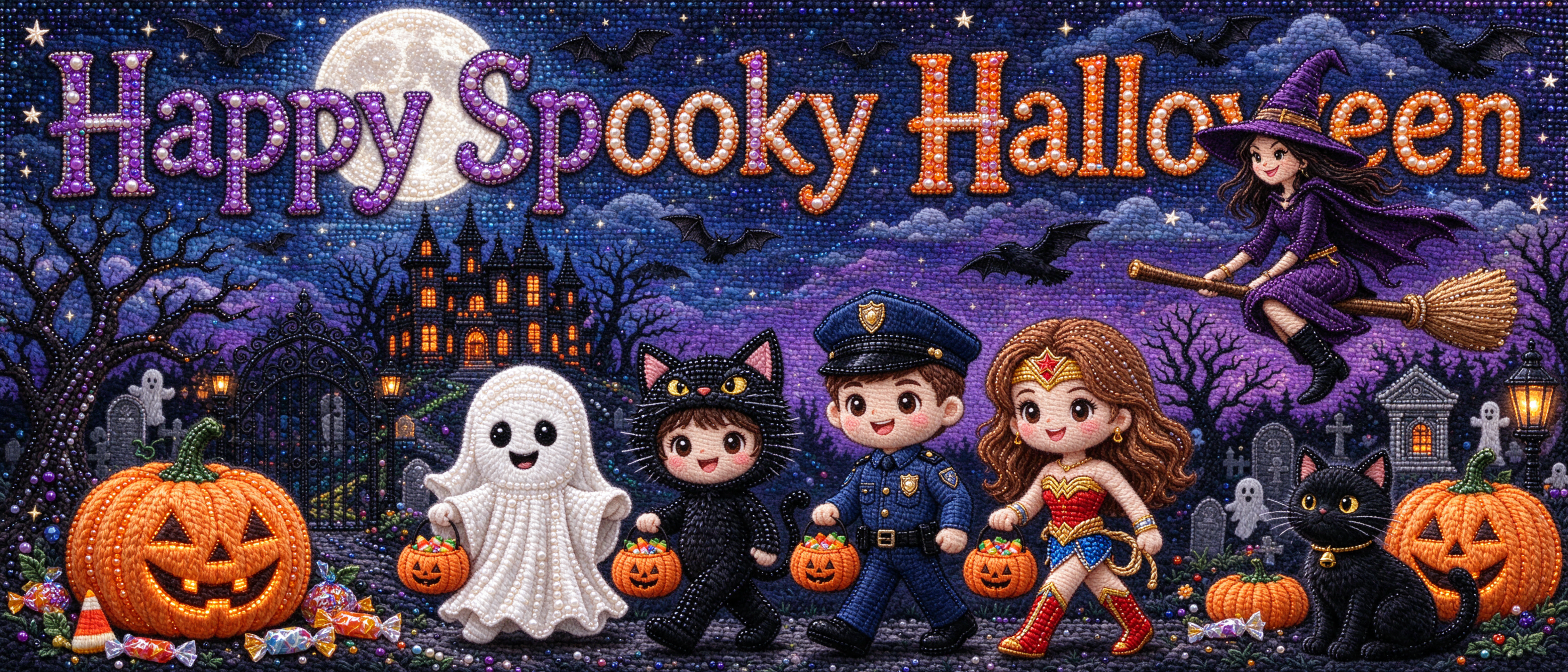 Beaded Happy Spooky Halloween graphic shows costumed trick-or-treaters in a moonlit spooky graveyard scene