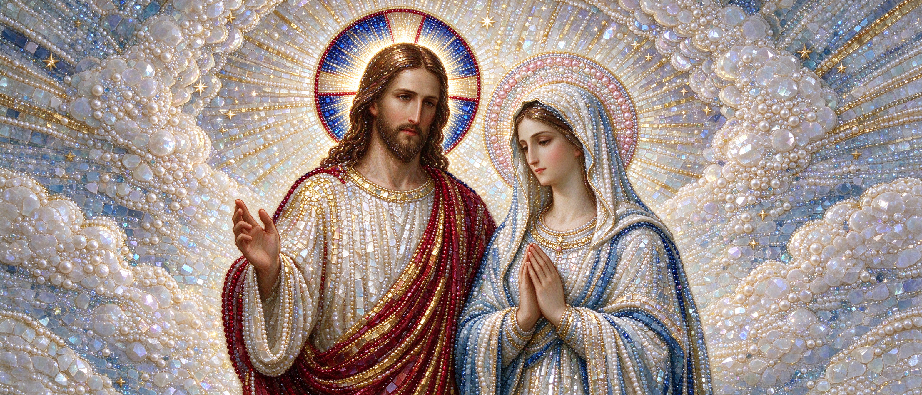 Bejeweled mosaic depiction of Jesus Christ and the Virgin Mary with radiant halos among glowing heavenly clouds